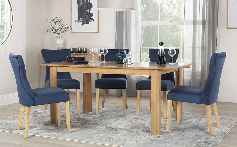 Bali Extending Dining Table & 4 Bewley Chairs, Natural Oak Finished Solid Hardwood, Blue Classic Velvet, 150-180cm