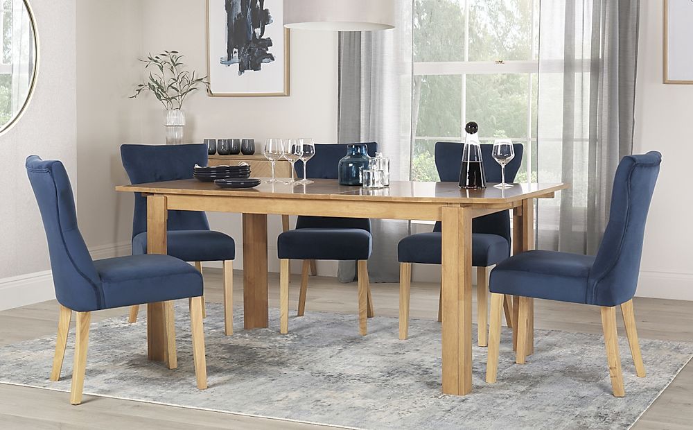 Bali Extending Dining Table & 6 Bewley Chairs, Natural Oak Finished Solid Hardwood, Blue Classic Velvet, 150-180cm