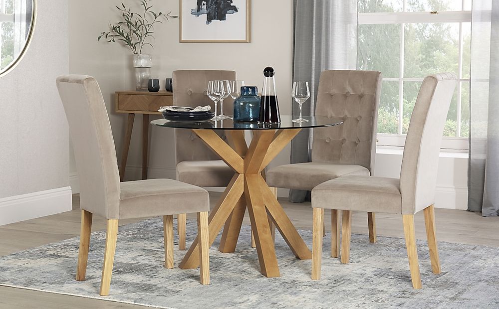 Hatton Round Dining Table & 4 Regent Chairs, Glass & Natural Oak Finished Solid Hardwood, Champagne Classic Velvet, 100cm