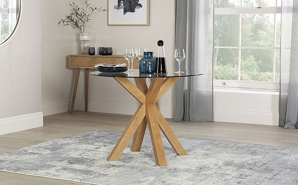Hatton Round Oak And Glass Dining Table, Small Round Oak Side Table Uk