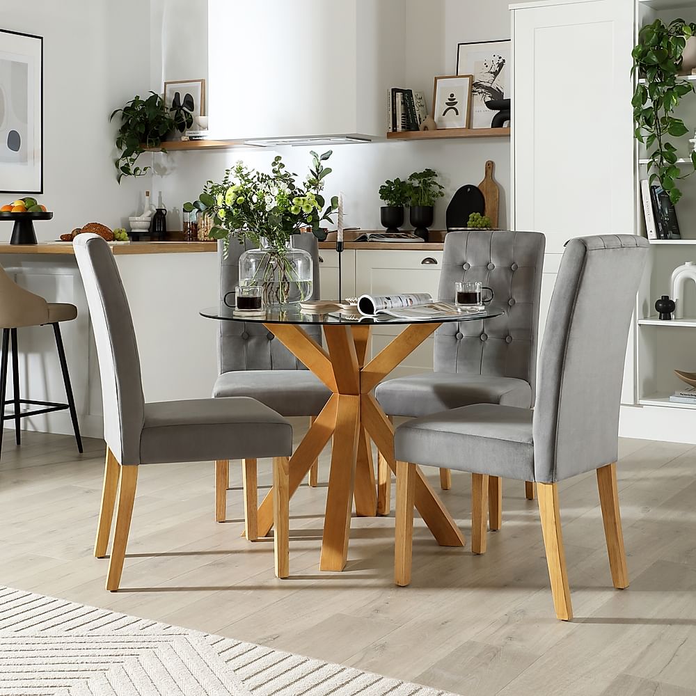 Hatton Round Dining Table & 4 Regent Chairs, Glass & Natural Oak Finished Solid Hardwood, Grey Classic Velvet, 100cm