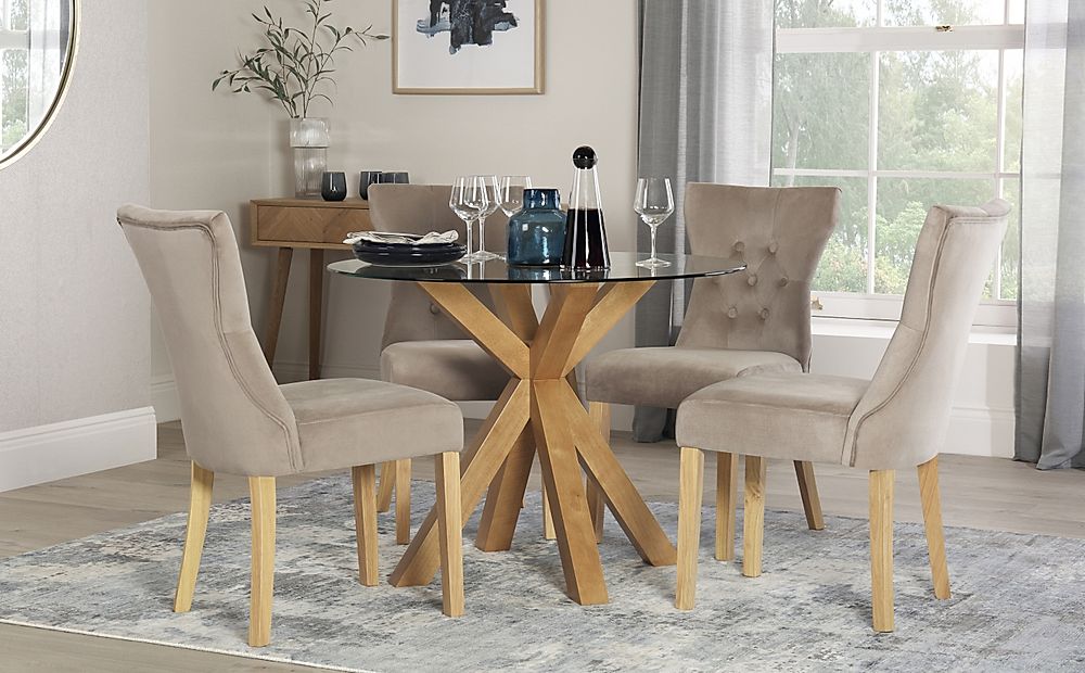 Hatton Round Oak And Glass Dining Table, Round Glass And Oak Dining Table Set