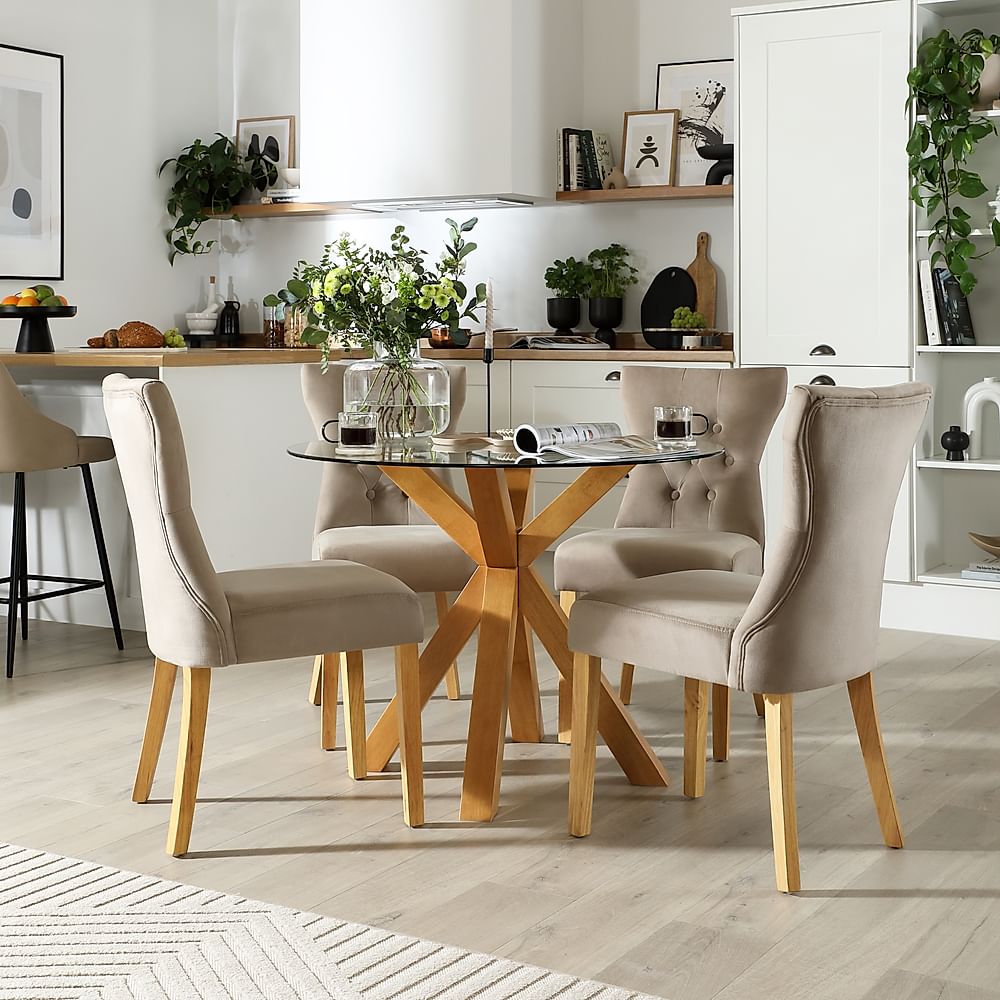 Hatton Round Dining Table & 4 Bewley Chairs, Glass & Natural Oak Finished Solid Hardwood, Champagne Classic Velvet, 100cm