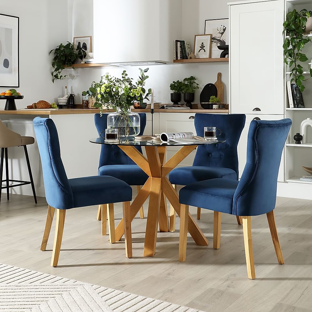 Hatton Round Dining Table & 4 Bewley Chairs, Glass & Natural Oak Finished Solid Hardwood, Blue Classic Velvet, 100cm