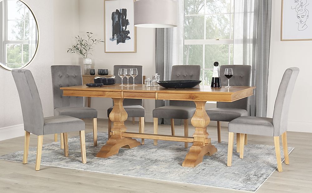 Cavendish Extending Dining Table & 6 Regent Chairs, Natural Oak Veneer & Solid Hardwood, Grey Classic Velvet & Natural Oak Finished Solid Hardwood, 160-200cm