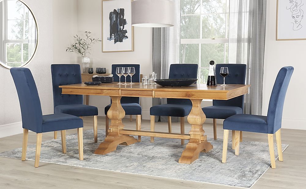 Cavendish Extending Dining Table & 4 Regent Chairs, Natural Oak Veneer & Solid Hardwood, Blue Classic Velvet & Natural Oak Finished Solid Hardwood, 160-200cm