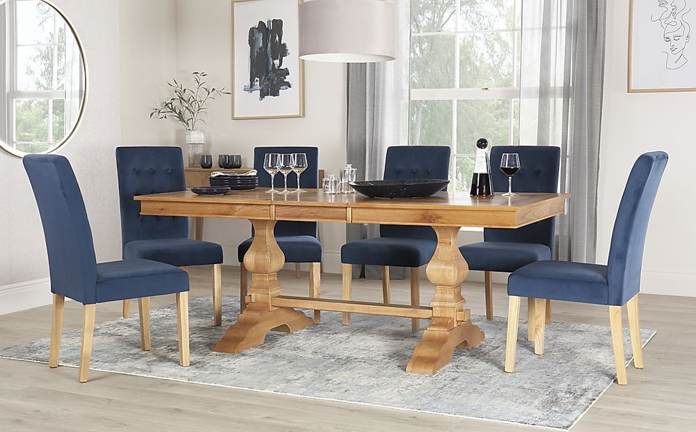 Cavendish Extending Dining Table & 6 Regent Chairs, Natural Oak Veneer & Solid Hardwood, Blue Classic Velvet & Natural Oak Finished Solid Hardwood, 160-200cm