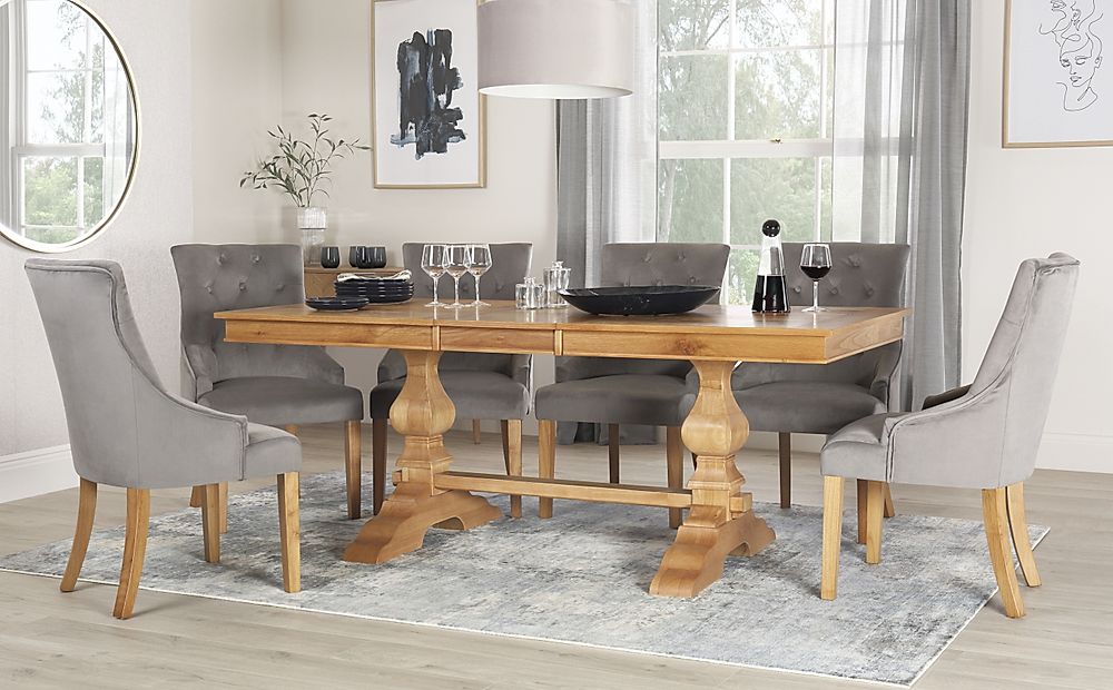 Cavendish Extending Dining Table & 8 Duke Chairs, Natural Oak Veneer & Solid Hardwood, Grey Classic Velvet & Natural Oak Finished Solid Hardwood, 160-200cm