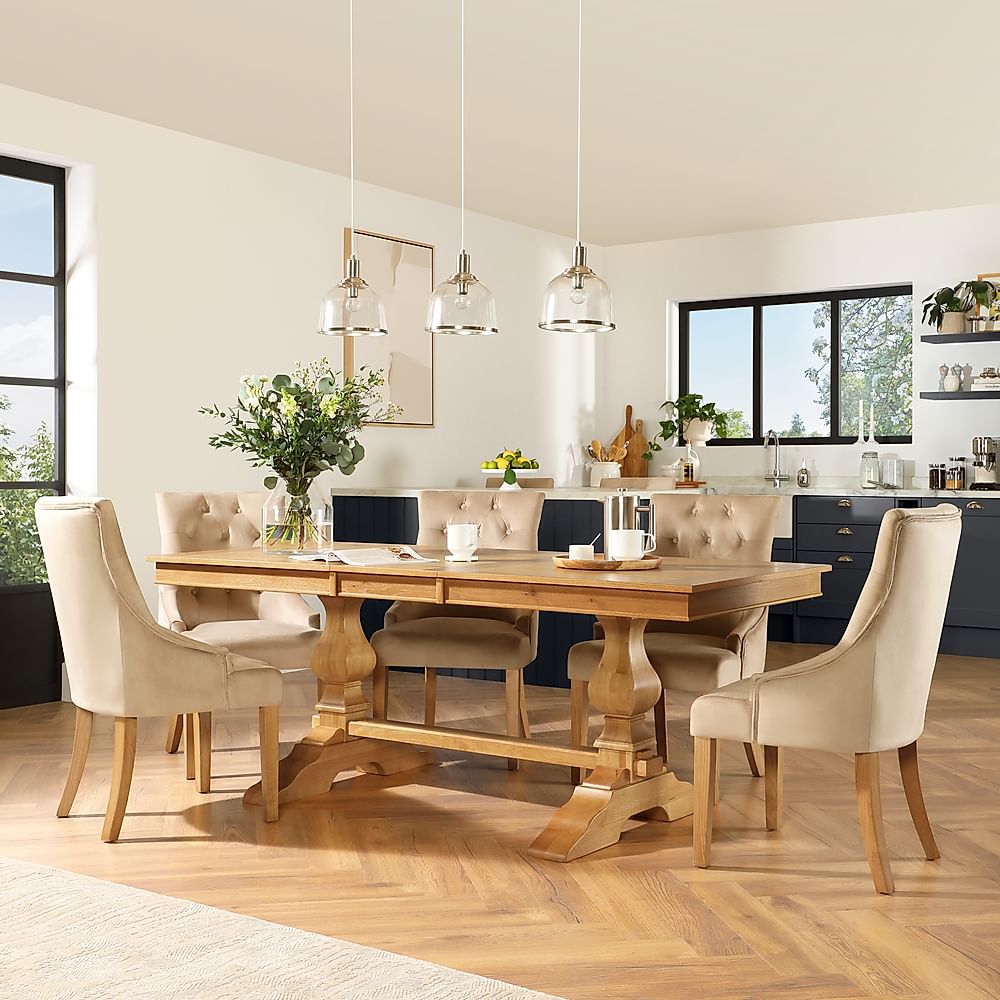 Cavendish Extending Dining Table & 6 Duke Chairs, Natural Oak Veneer & Solid Hardwood, Champagne Classic Velvet & Natural Oak Finished Solid Hardwood, 160-200cm