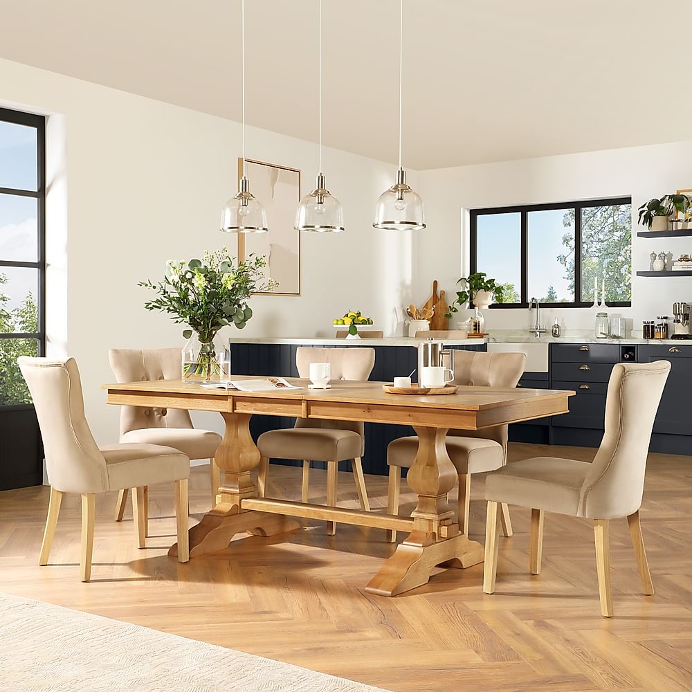 Cavendish Extending Dining Table & 6 Bewley Chairs, Natural Oak Veneer & Solid Hardwood, Champagne Classic Velvet & Natural Oak Finished Solid Hardwood, 160-200cm