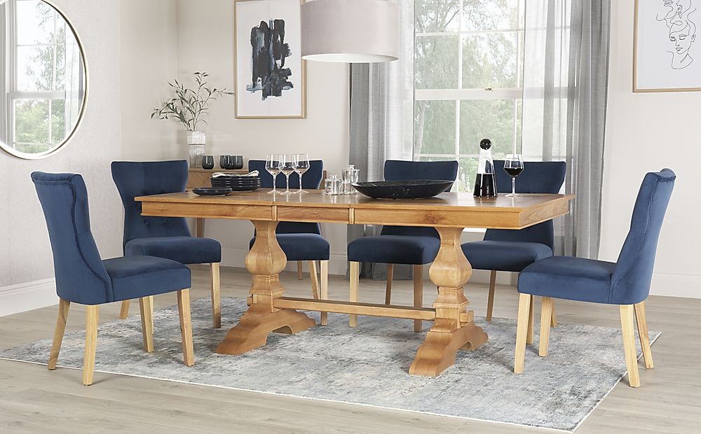 Cavendish Extending Dining Table & 4 Bewley Chairs, Natural Oak Veneer & Solid Hardwood, Blue Classic Velvet & Natural Oak Finished Solid Hardwood, 160-200cm