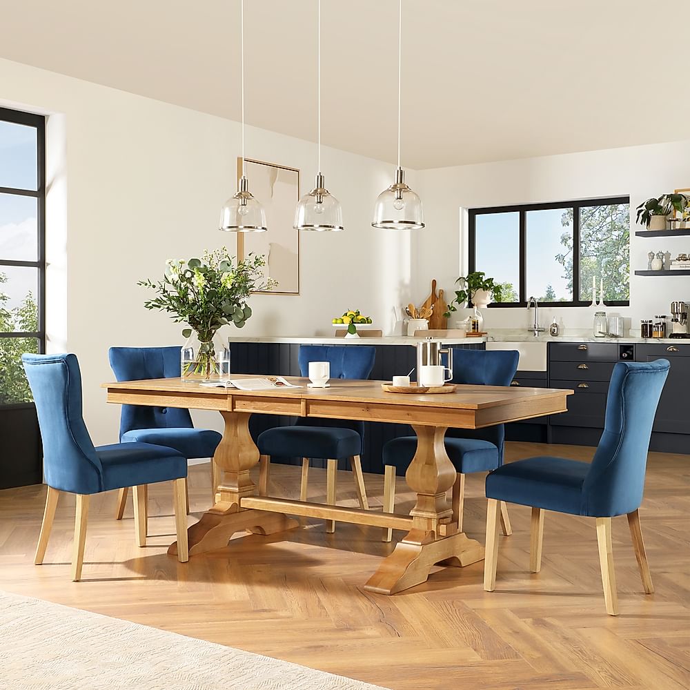 Cavendish Extending Dining Table & 4 Bewley Chairs, Natural Oak Veneer & Solid Hardwood, Blue Classic Velvet & Natural Oak Finished Solid Hardwood, 160-200cm