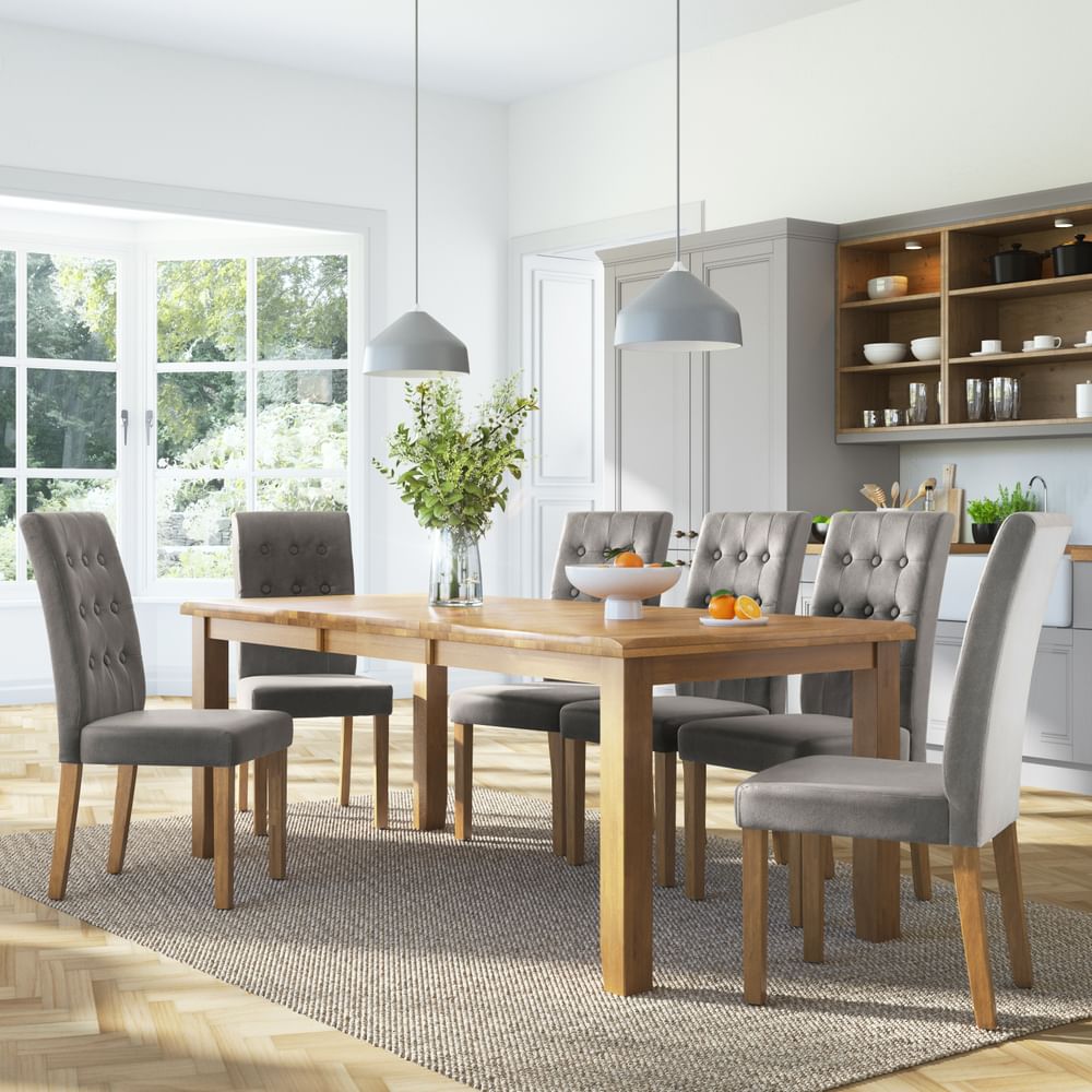 Highbury Extending Dining Table & 4 Regent Chairs, Natural Oak Finished Solid Hardwood, Grey Classic Velvet, 150-200cm