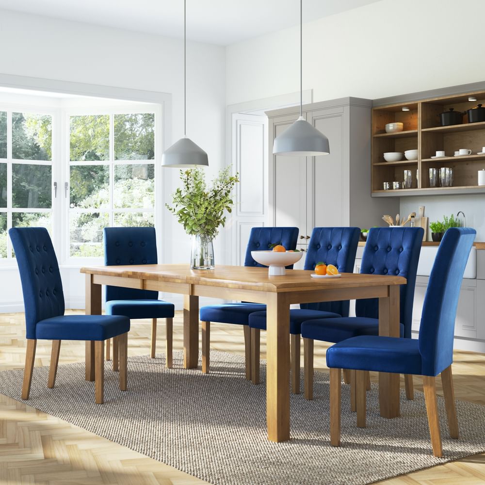 Highbury Extending Dining Table & 6 Regent Chairs, Natural Oak Finished Solid Hardwood, Blue Classic Velvet, 150-200cm