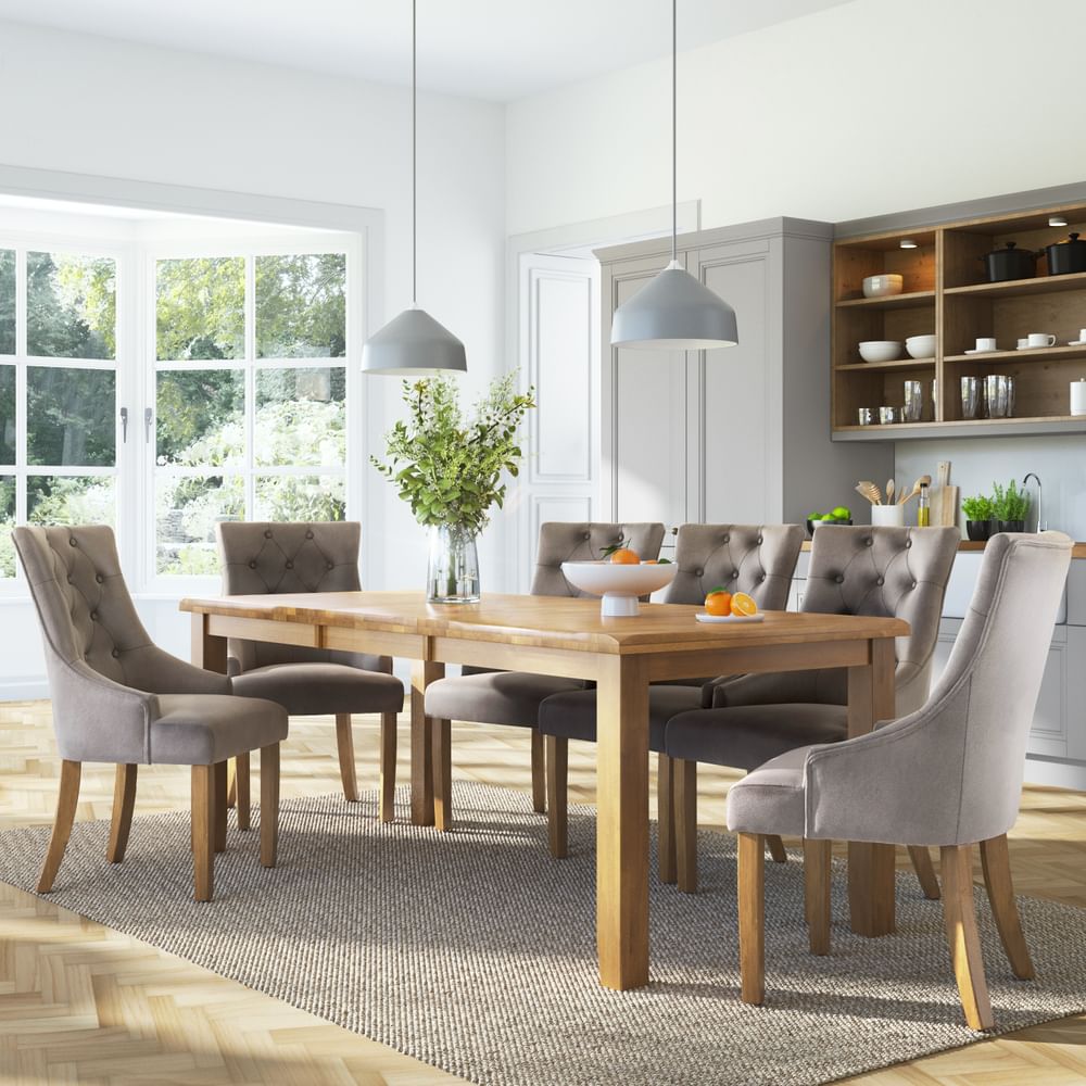 Highbury Extending Dining Table & 6 Duke Chairs, Natural Oak Finished Solid Hardwood, Grey Classic Velvet, 150-200cm