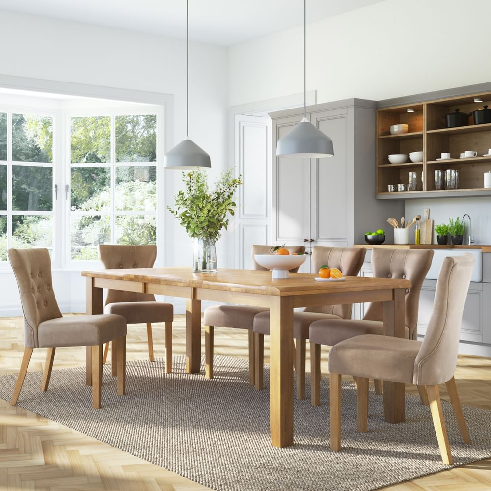 Highbury Extending Dining Table & 4 Bewley Chairs, Natural Oak Finished Solid Hardwood, Champagne Classic Velvet, 150-200cm