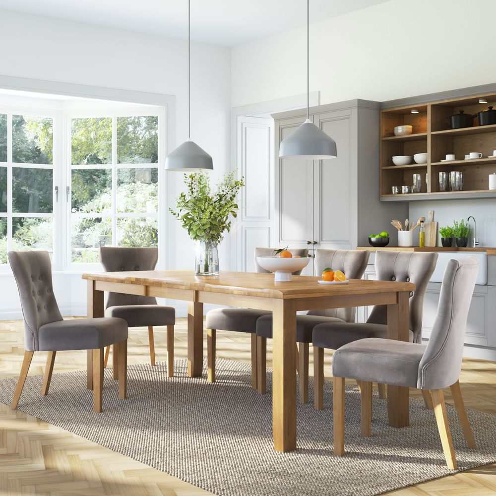 Highbury Extending Dining Table & 6 Bewley Chairs, Natural Oak Finished Solid Hardwood, Grey Classic Velvet, 150-200cm