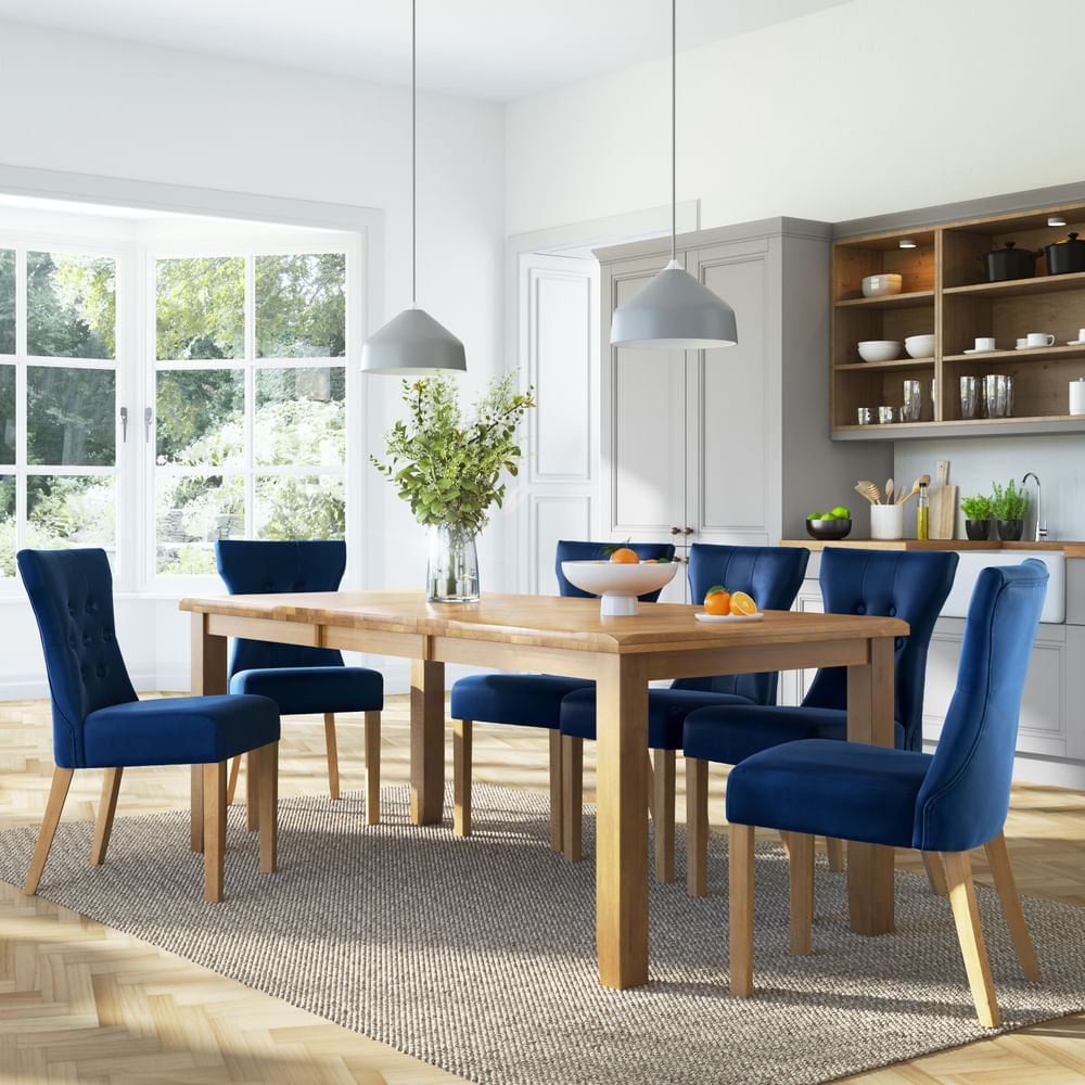 Highbury Extending Dining Table & 4 Bewley Chairs, Natural Oak Finished Solid Hardwood, Blue Classic Velvet, 150-200cm