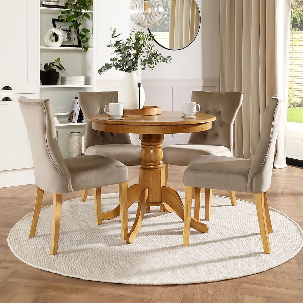 Kingston Round Dining Table & 4 Bewley Chairs, Natural Oak Finished Solid Hardwood, Champagne Classic Velvet, 90cm