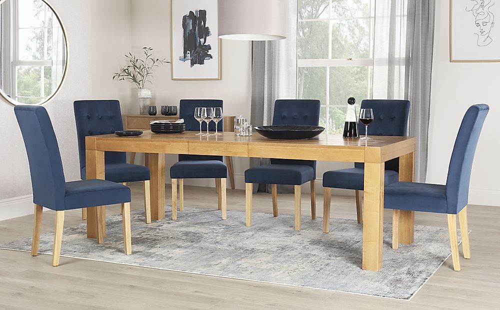 Cambridge Extending Dining Table & 6 Regent Chairs, Natural Oak Veneer & Solid Hardwood, Blue Classic Velvet & Natural Oak Finished Solid Hardwood, 175-220cm