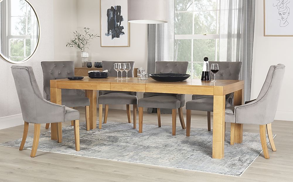 Cambridge Extending Dining Table & 6 Duke Chairs, Natural Oak Veneer & Solid Hardwood, Grey Classic Velvet & Natural Oak Finished Solid Hardwood, 175-220cm