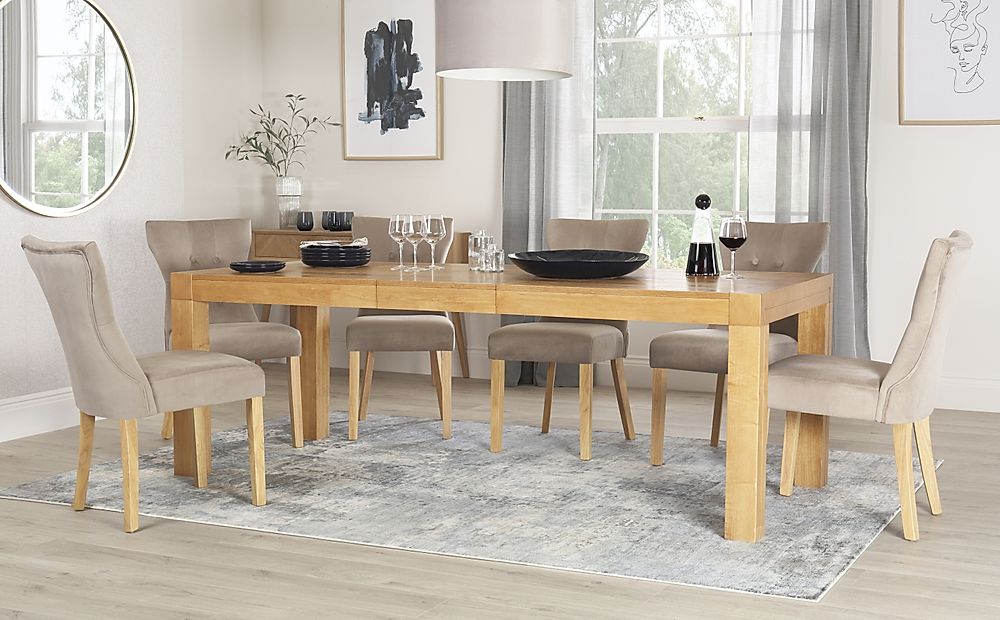 Cambridge Extending Dining Table & 4 Bewley Chairs, Natural Oak Veneer & Solid Hardwood, Champagne Classic Velvet & Natural Oak Finished Solid Hardwood, 175-220cm