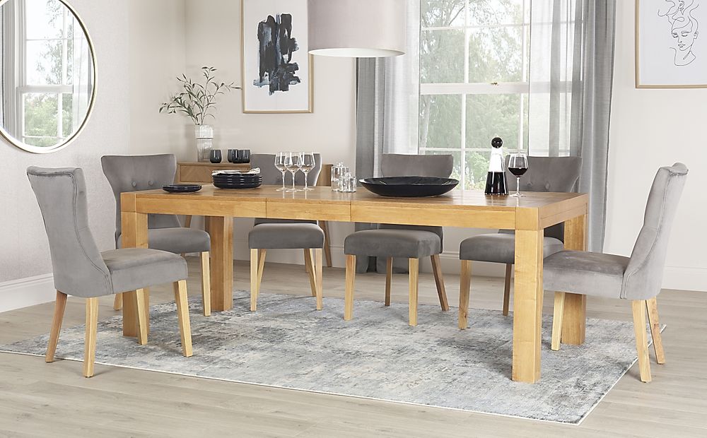 Cambridge Extending Dining Table & 4 Bewley Chairs, Natural Oak Veneer & Solid Hardwood, Grey Classic Velvet & Natural Oak Finished Solid Hardwood, 175-220cm