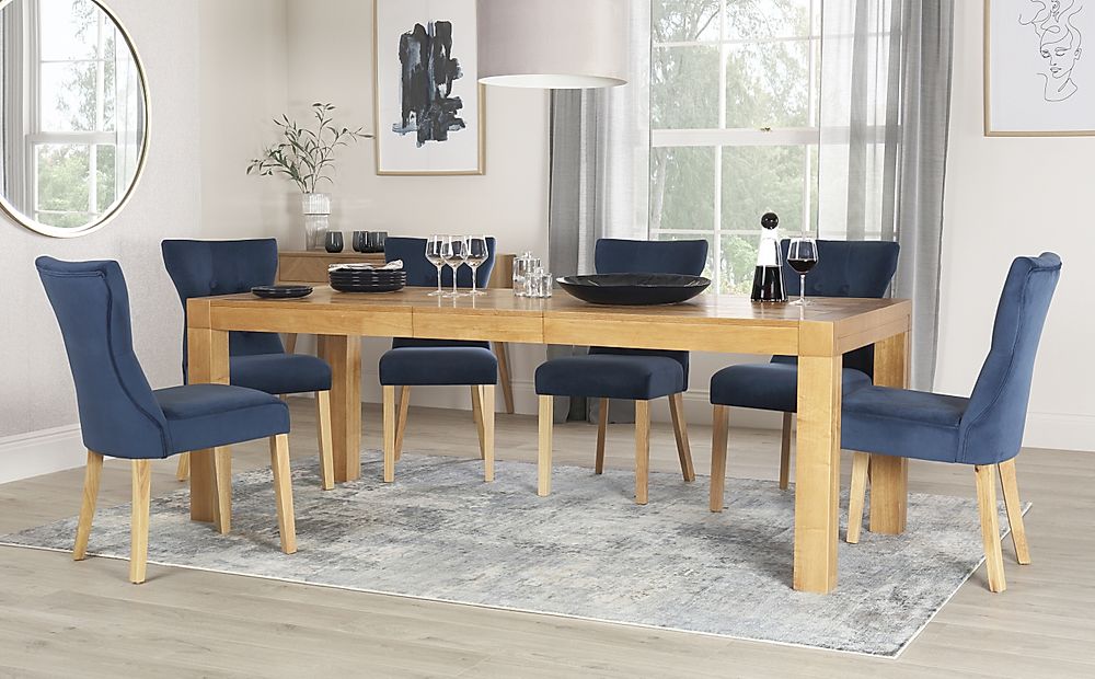 Cambridge Extending Dining Table & 6 Bewley Chairs, Natural Oak Veneer & Solid Hardwood, Blue Classic Velvet & Natural Oak Finished Solid Hardwood, 175-220cm