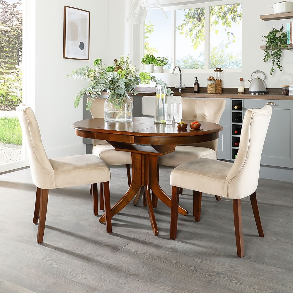 Hudson Round Extending Dining Table & 4 Bewley Chairs, Dark Solid Hardwood, Champagne Classic Velvet, 90-120cm
