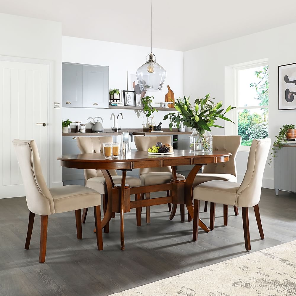 Townhouse Oval Extending Dining Table & 4 Bewley Chairs, Dark Solid Hardwood, Champagne Classic Velvet, 150-180cm