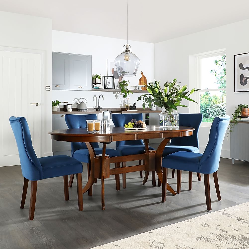Townhouse Oval Extending Dining Table & 6 Bewley Chairs, Dark Solid Hardwood, Blue Classic Velvet, 150-180cm