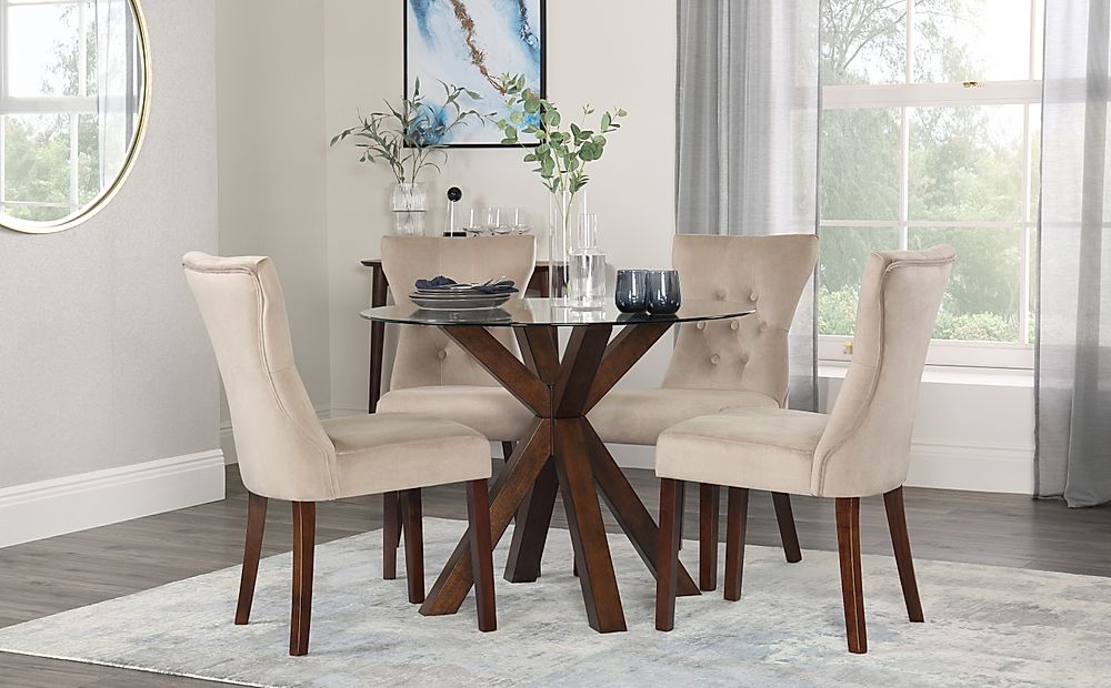 Hatton Round Dining Table & 4 Bewley Chairs, Glass & Dark Solid Hardwood, Champagne Classic Velvet, 100cm