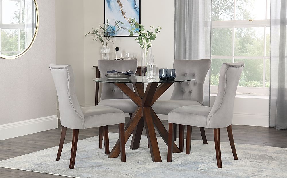 Hatton Round Dining Table & 4 Bewley Chairs, Glass & Dark Solid Hardwood, Grey Classic Velvet, 100cm