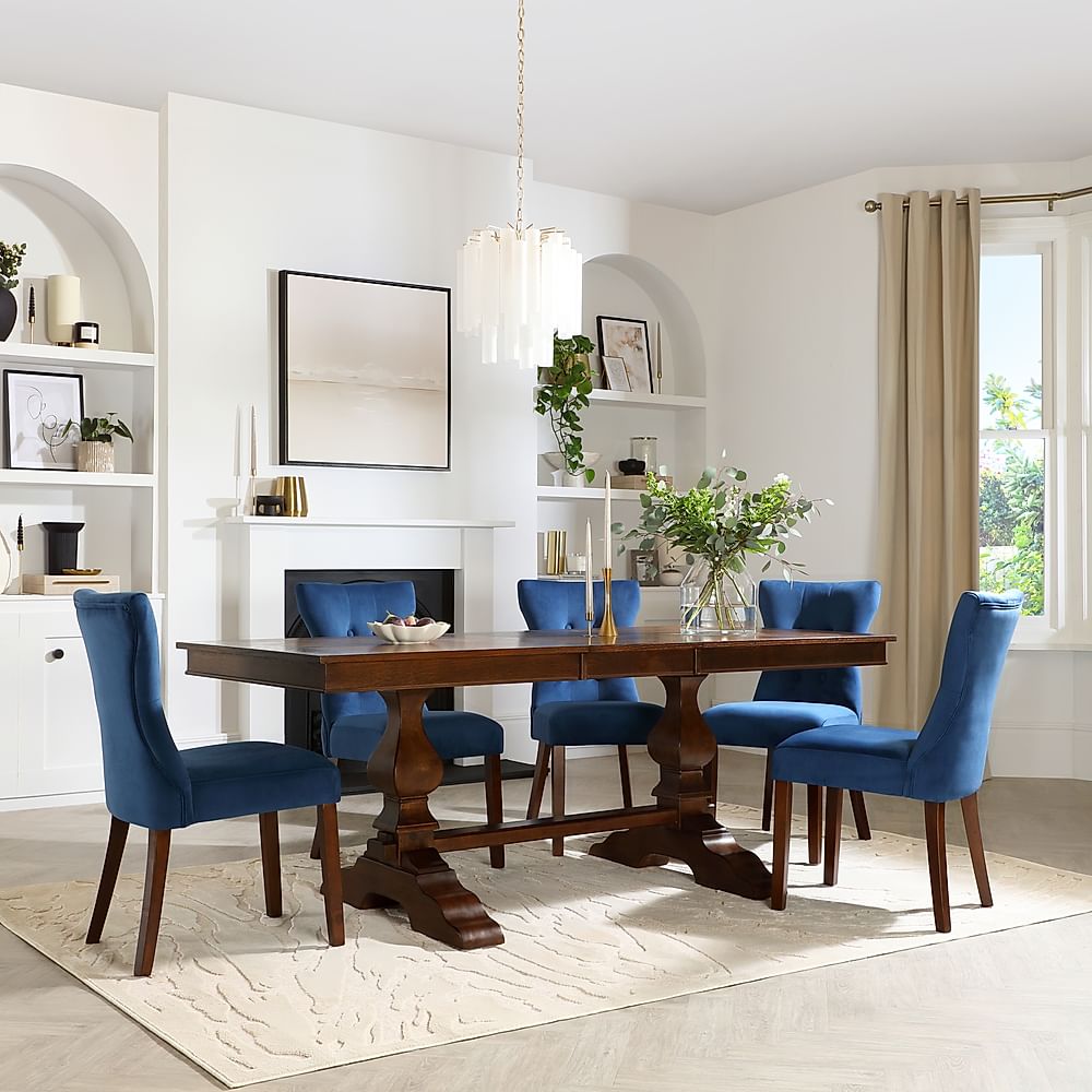 Cavendish Extending Dining Table & 4 Bewley Chairs, Dark Oak Veneer & Solid Hardwood, Blue Classic Velvet & Dark Solid Hardwood, 160-200cm