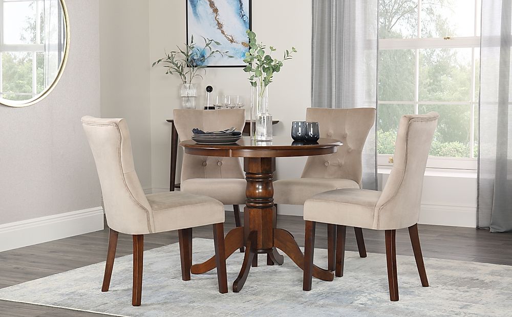 Kingston Round Dining Table & 4 Bewley Chairs, Dark Solid Hardwood, Champagne Classic Velvet, 90cm
