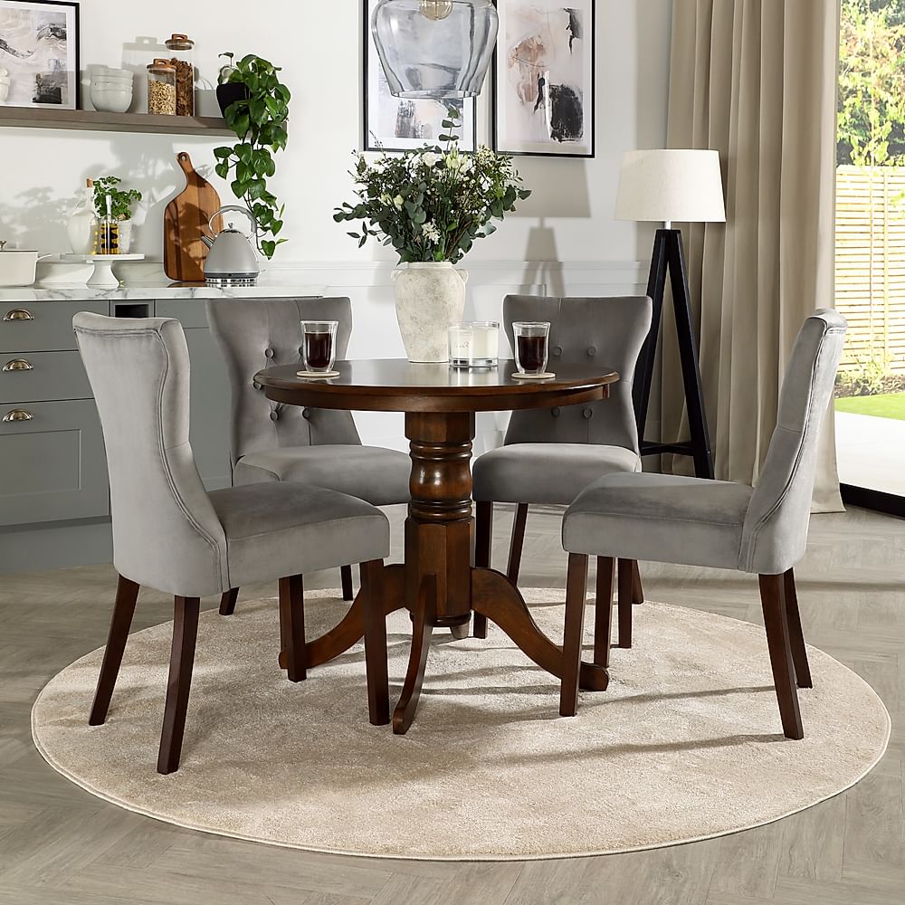 Kingston Round Dining Table & 4 Bewley Chairs, Dark Solid Hardwood, Grey Classic Velvet, 90cm