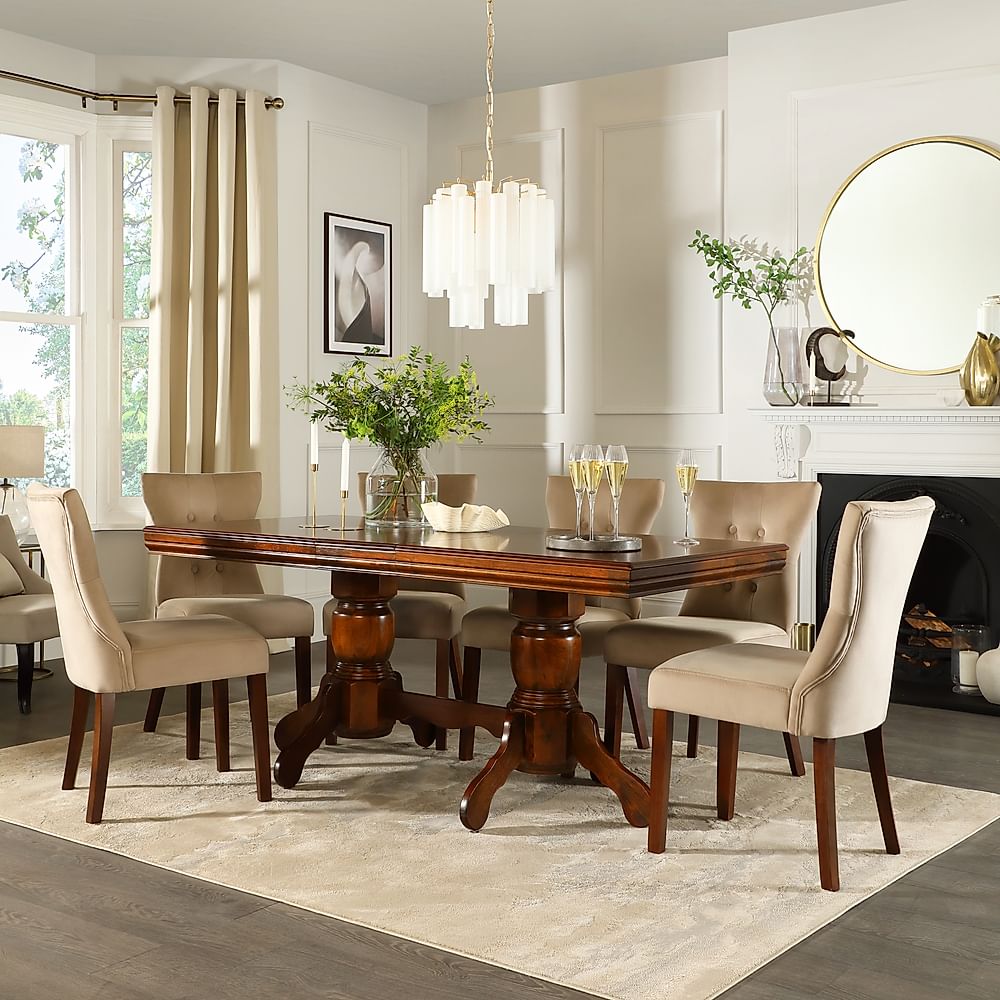 Chatsworth Extending Dining Table & 4 Bewley Chairs, Dark Solid Hardwood, Champagne Classic Velvet, 150-180cm