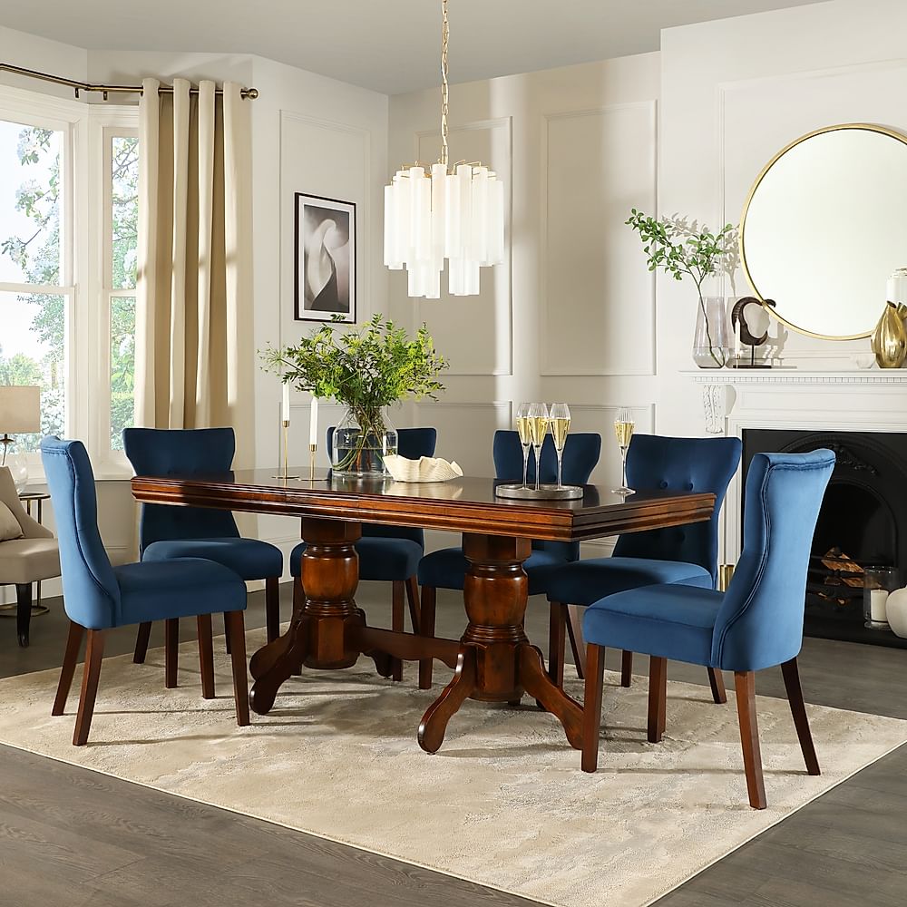 Chatsworth Extending Dining Table & 4 Bewley Chairs, Dark Solid Hardwood, Blue Classic Velvet, 150-180cm