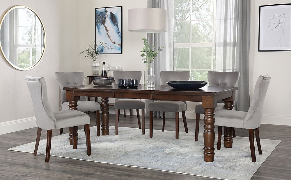 Hampshire Extending Dining Table & 6 Bewley Chairs, Dark Solid Hardwood, Grey Classic Velvet, 150-200cm