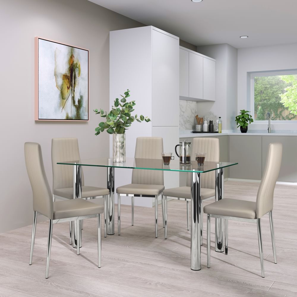 Lunar Dining Table & 4 Leon Chairs, Glass & Chrome, Stone Grey Classic Faux Leather, 140cm
