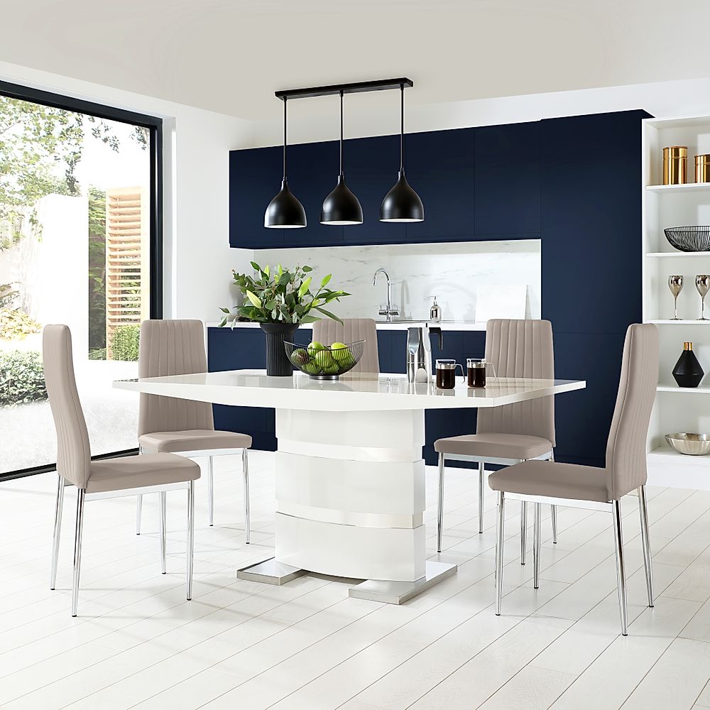 Komoro Dining Table & 4 Leon Chairs, White High Gloss & Chrome, Stone Grey Classic Faux Leather, 160cm