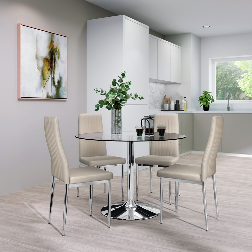 Orbit Round Dining Table & 4 Leon Chairs, Glass & Chrome, Stone Grey Classic Faux Leather, 110cm