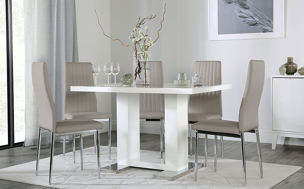 Joule Dining Table & 6 Leon Chairs, White High Gloss, Stone Grey Classic Faux Leather & Chrome, 120cm