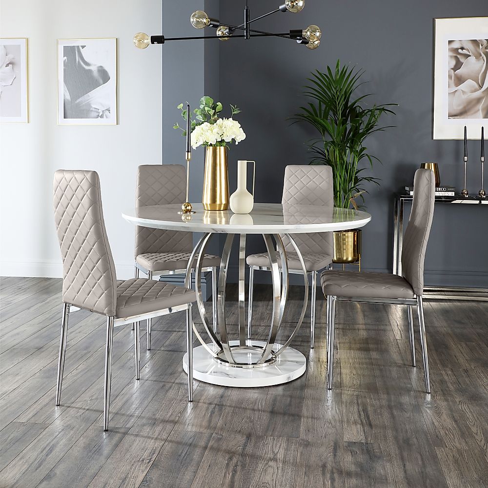 Savoy Round Dining Table & 4 Renzo Chairs, White Marble Effect & Chrome, Stone Grey Classic Faux Leather, 120cm