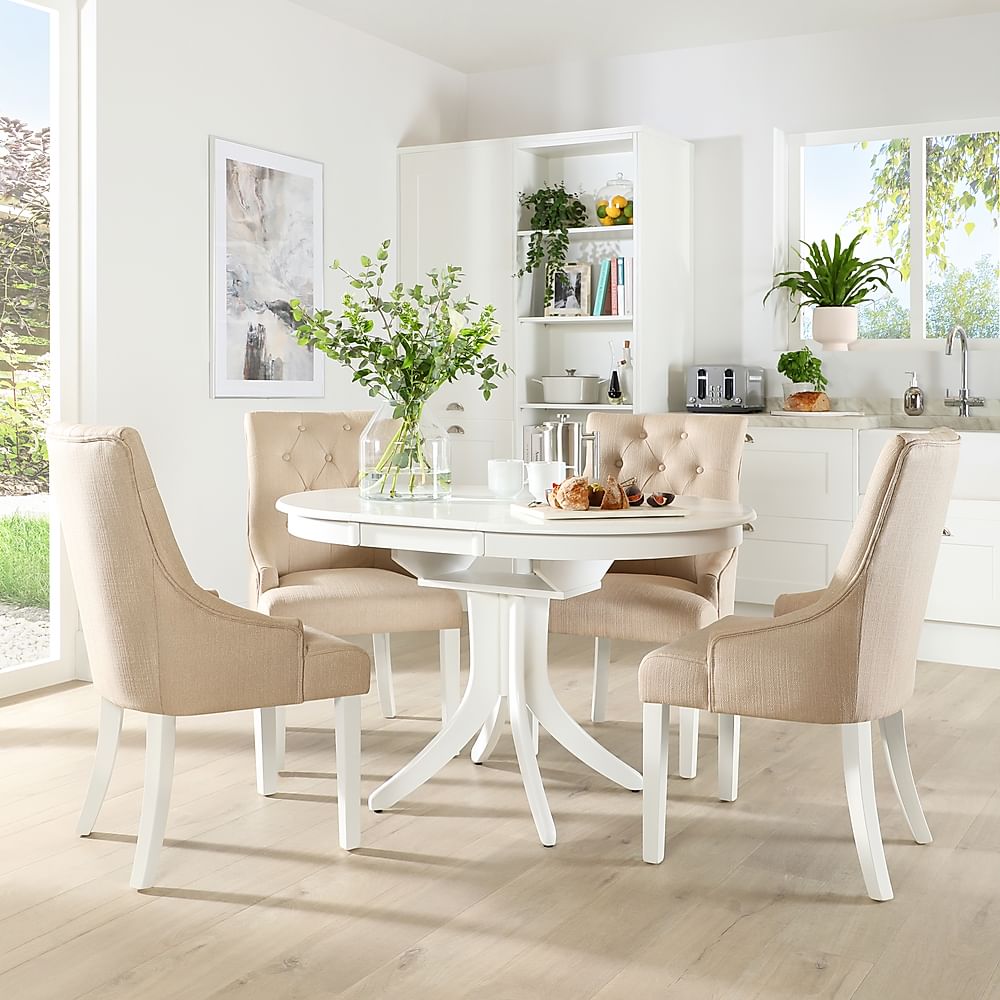 Hudson Round White Extending Dining Table with 4 Duke 