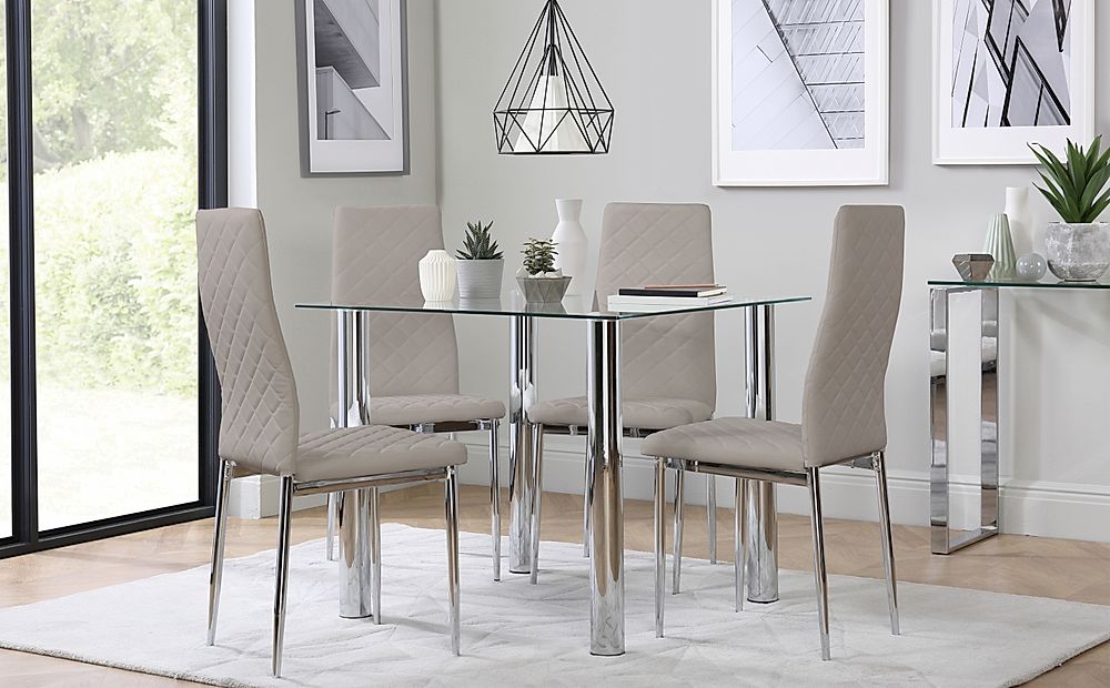Nova Square Dining Table & 4 Renzo Chairs, Glass & Chrome, Stone Grey Classic Faux Leather, 90cm