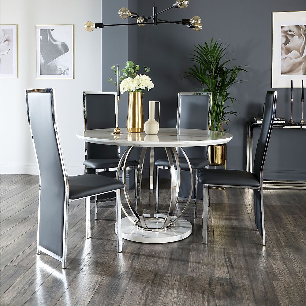 Savoy Round Dining Table & 4 Celeste Chairs, White Marble Effect & Chrome, Grey Classic Faux Leather, 120cm