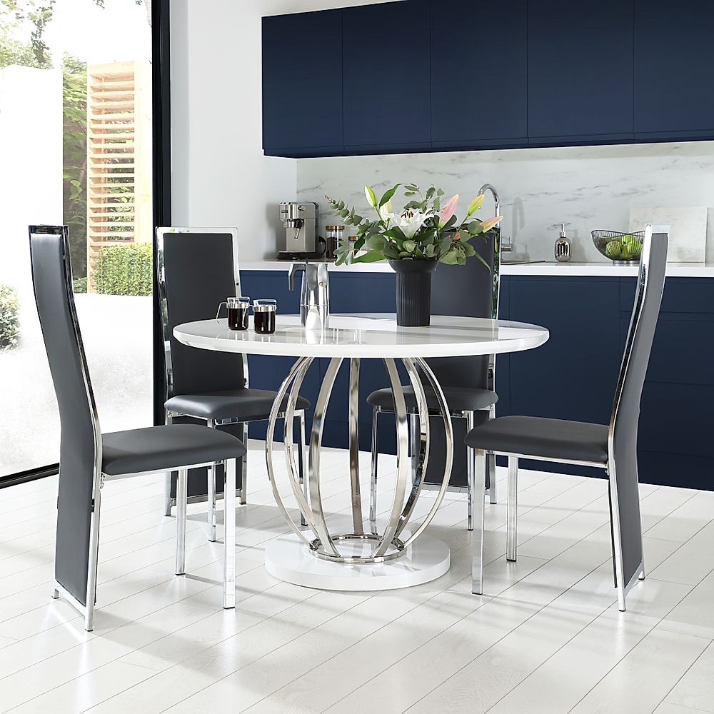 High Gloss And Chrome Dining Table, Round High Gloss Dining Table And Chairs
