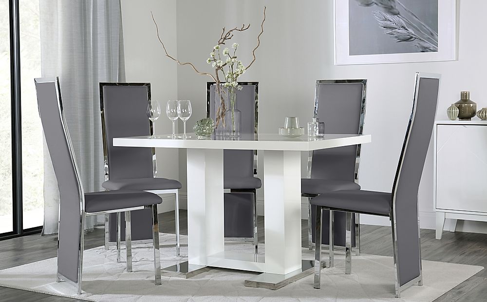 Joule Dining Table & 4 Celeste Chairs, White High Gloss, Grey Classic Faux Leather & Chrome, 120cm