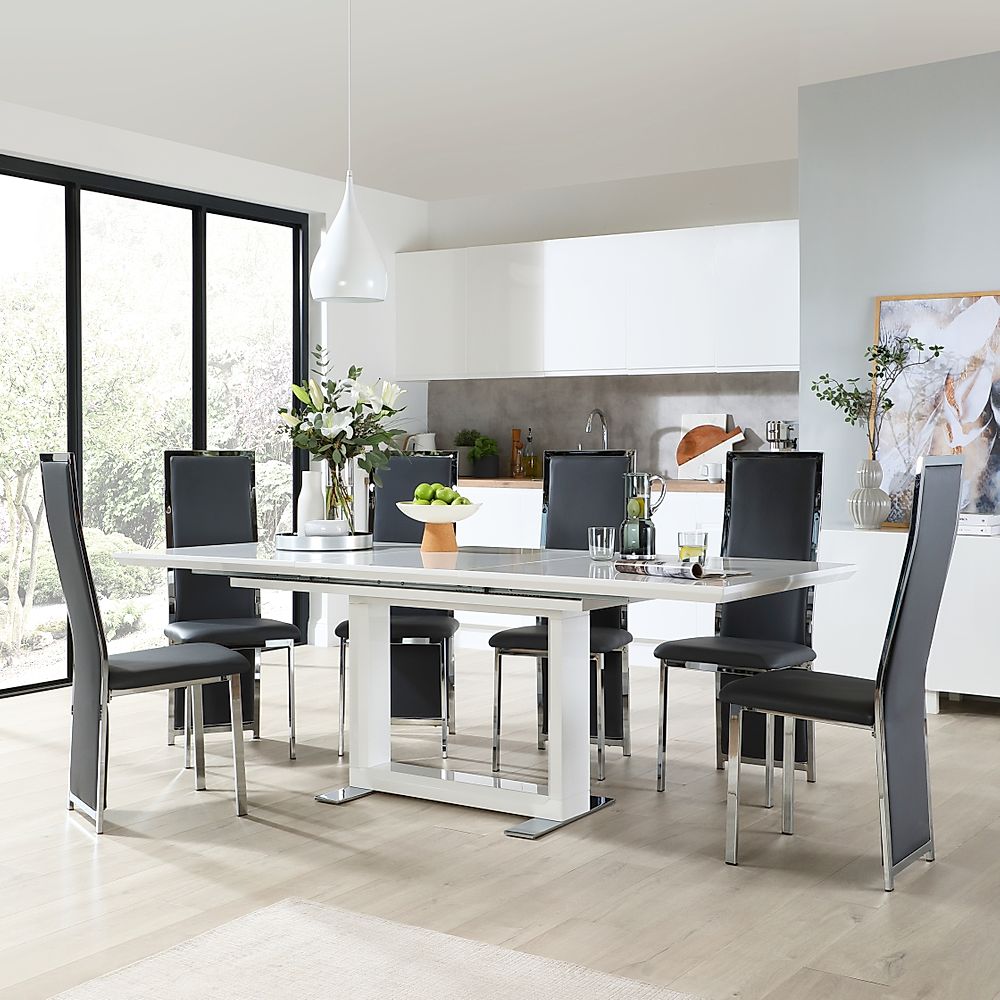 Tokyo Extending Dining Table & 4 Celeste Chairs, White High Gloss, Grey Classic Faux Leather & Chrome, 160-220cm